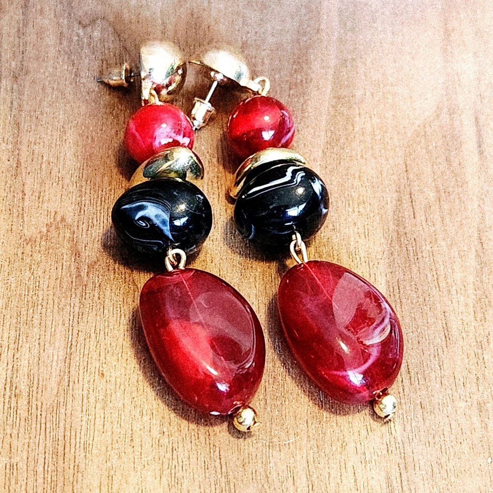 Red Black Gold Tiered Resin Drop Statement Earrings Marbled Bead Dangle 2.75"